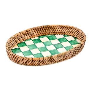 NEW Mackenzie-Childs Emerald Check Enamel & Rattan Small Tray